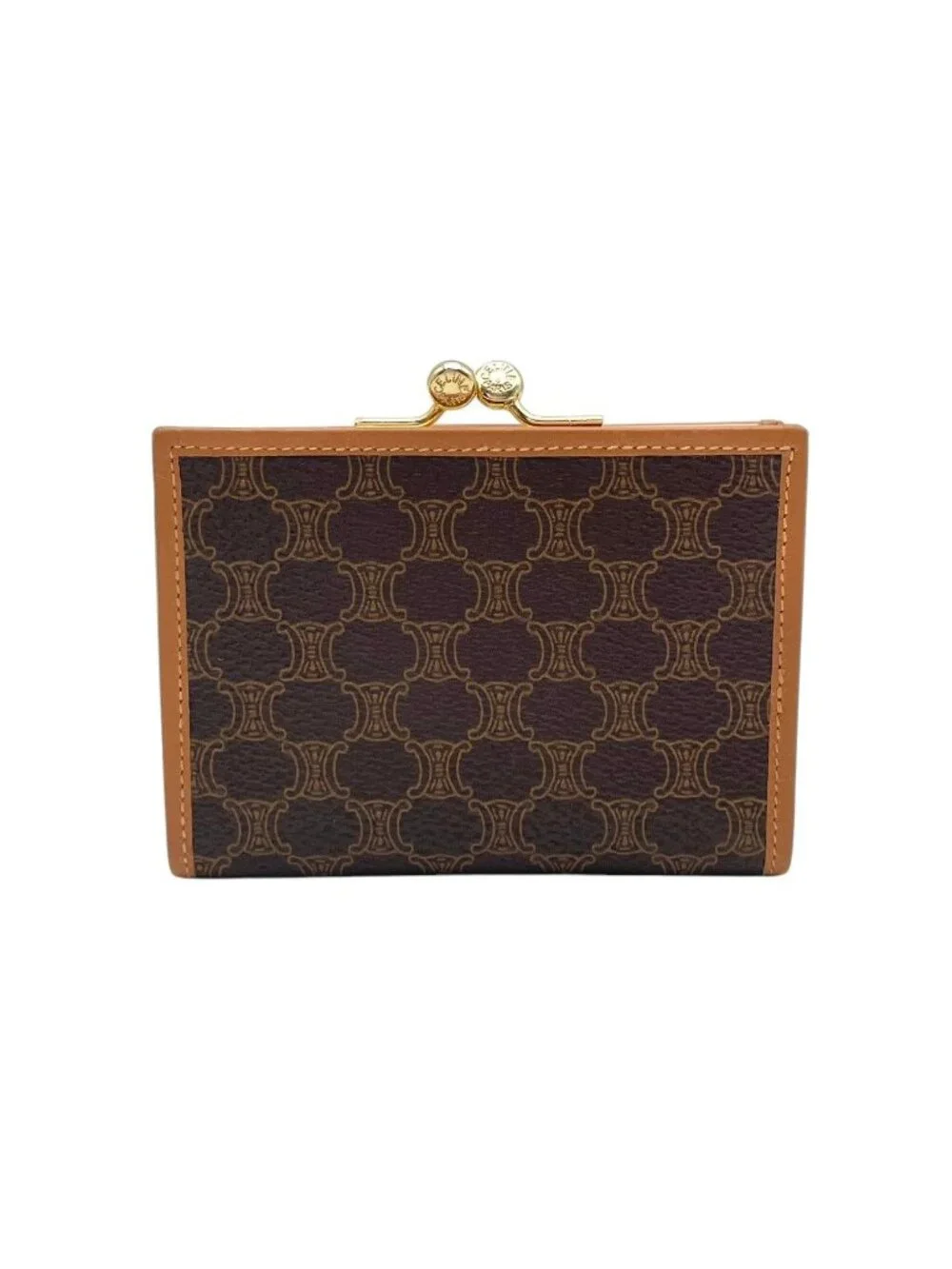 Celine Macadam Pattern Kiss Lock Bifold Wallet Vintage Mini Leather Brown Gold